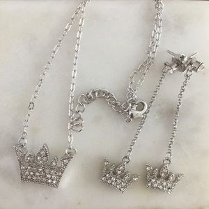 Set Royal Crown Rhinestone Silver Necklace Earring